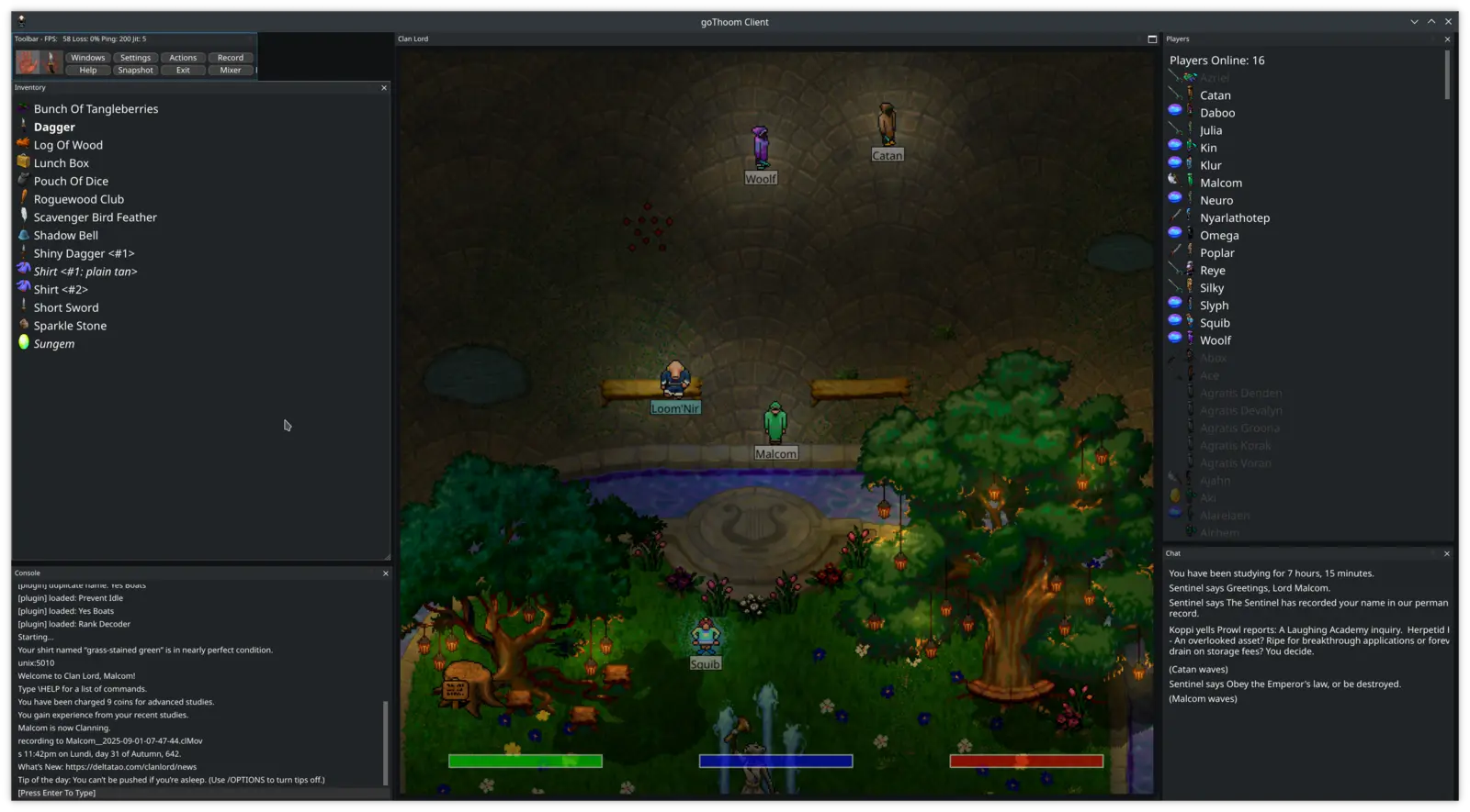 The goThoom client showing the game world, inventory, players, console, and chat windows