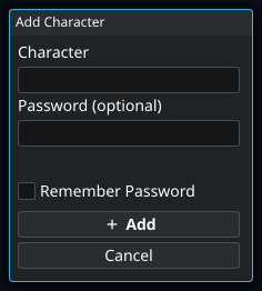 Add a character. Highlighted controls: Password (optional).