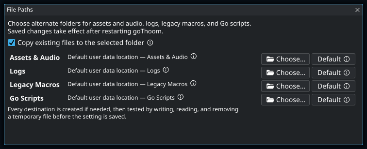 Change file locations. Highlighted controls: Copy existing files to the selected folder.