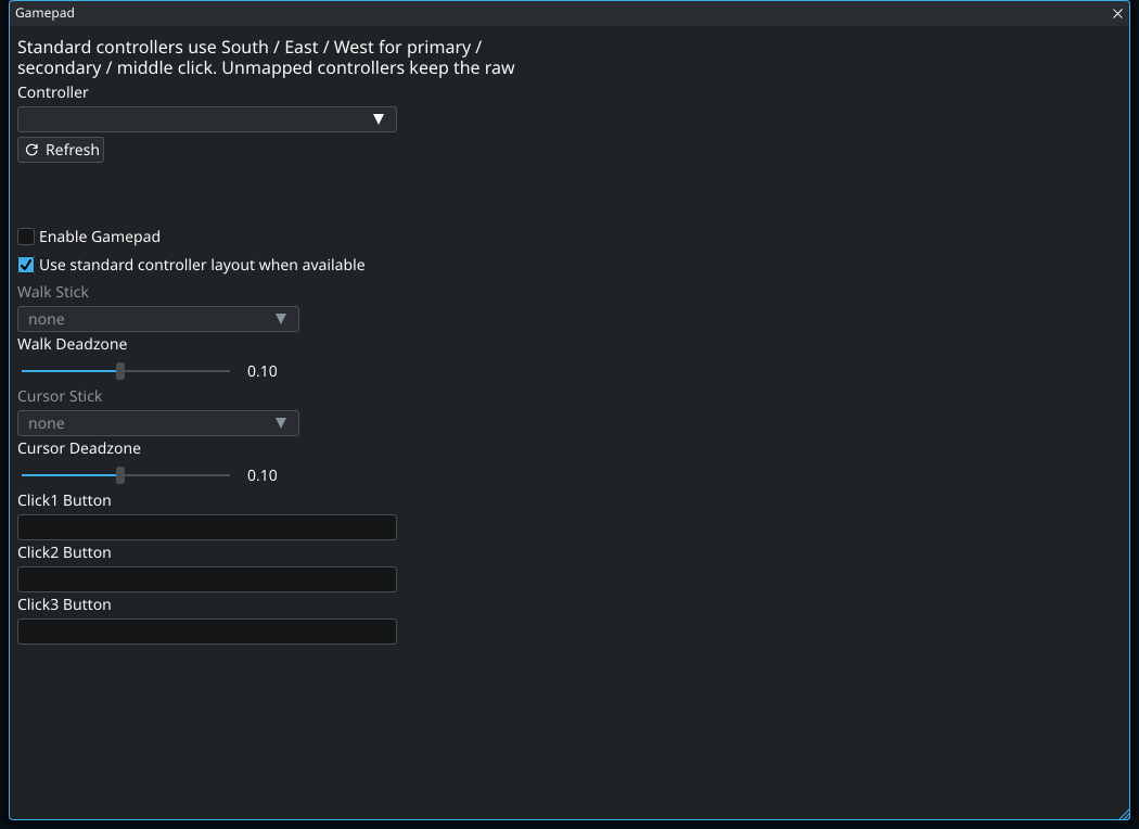 Gamepad controls. Highlighted controls: Use standard controller layout when available; Walk Deadzone.