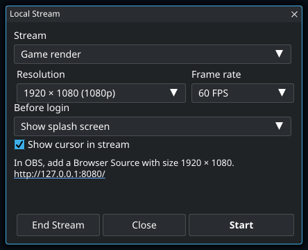 Local streaming. Highlighted controls: Show cursor in stream.