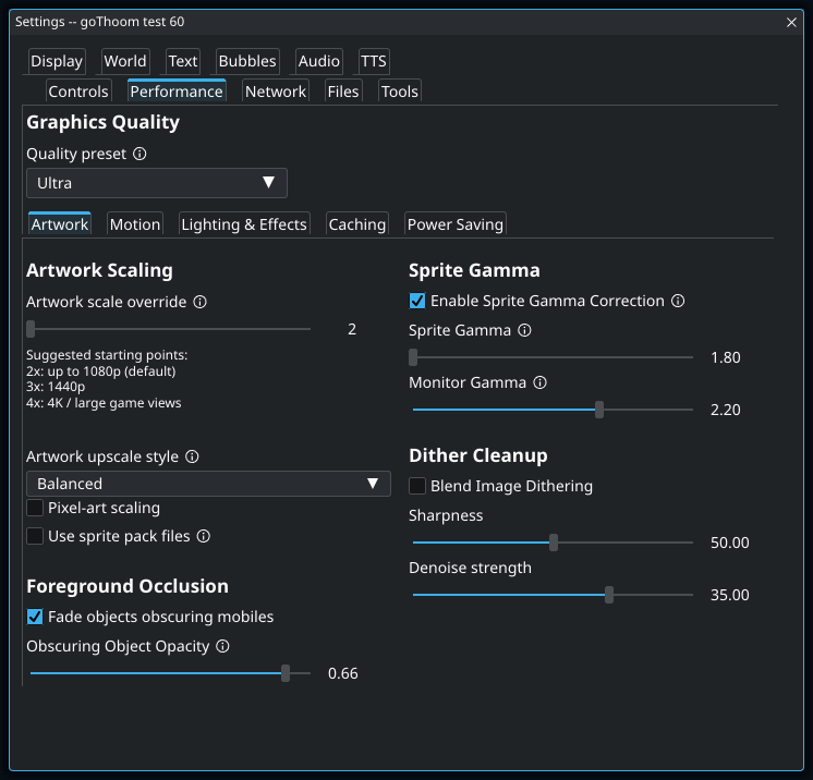 Performance: Artwork. Highlighted controls: Use sprite pack files.