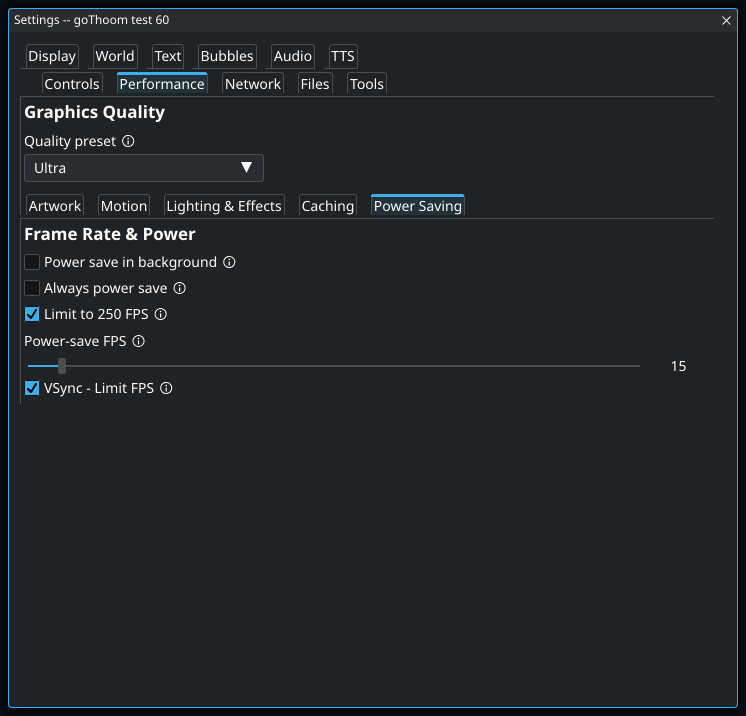 Performance: Power Saving. Highlighted controls: Always power save.