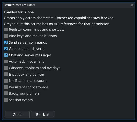 Grant script permissions. Highlighted controls: Send server commands; Grant.