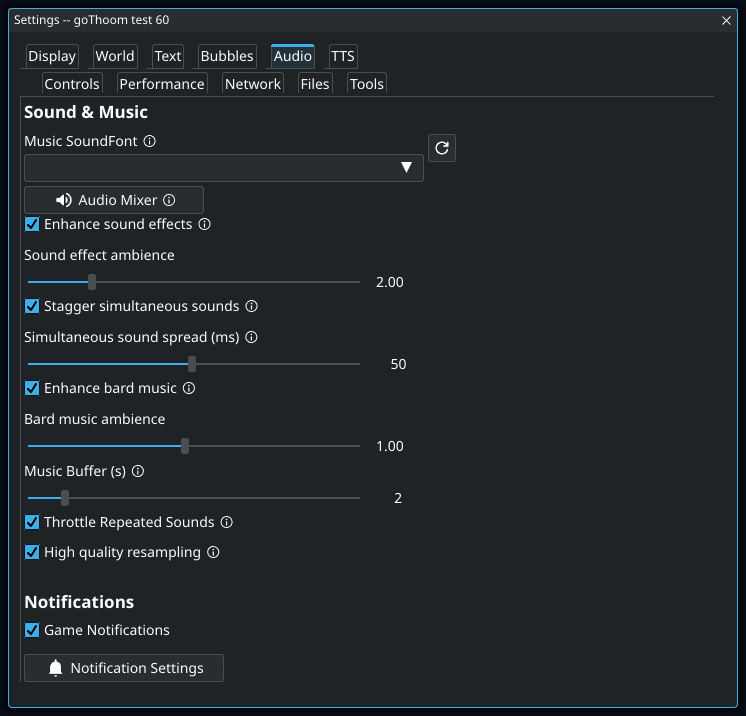 Settings: Audio. Highlighted controls: Music SoundFont.