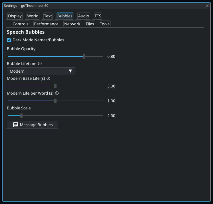 Settings: Bubbles. Highlighted controls: Bubble Lifetime.