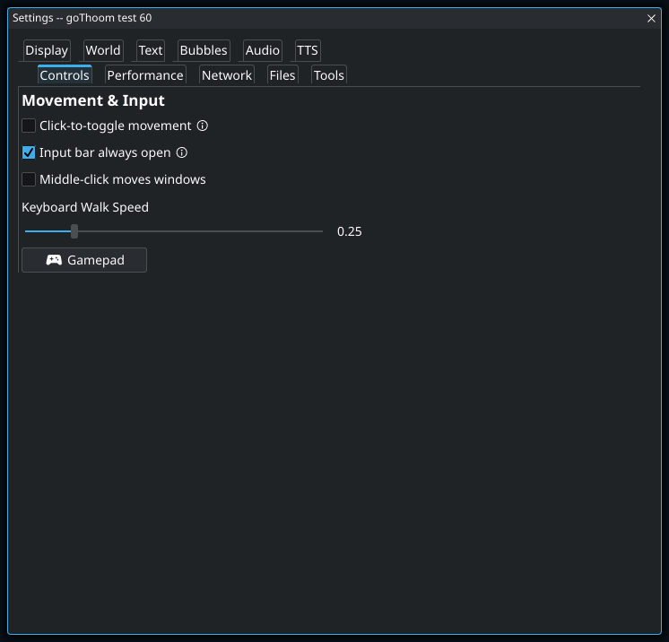 Settings: Controls. Highlighted controls: Input bar always open.