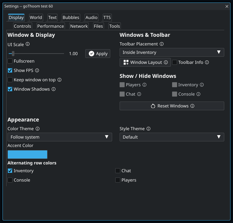 Settings: Display. Highlighted controls: UI Scale; Reset Windows.