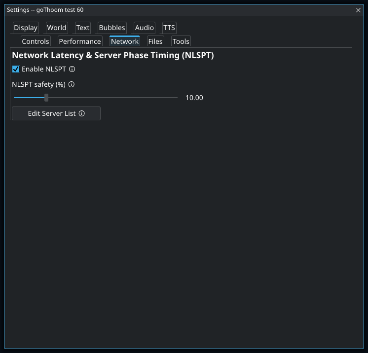 Settings: Network. Highlighted controls: NLSPT safety (%).