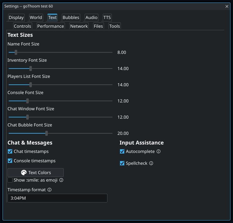 Settings: Text. Highlighted controls: Chat Window Font Size.