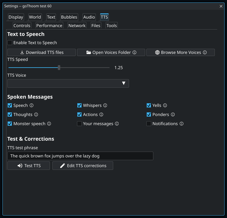 Settings: TTS. Highlighted controls: TTS Voice.
