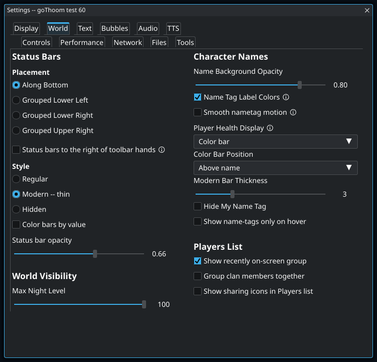 Settings: World. Highlighted controls: Show recently on-screen group; Show sharing icons in Players list.