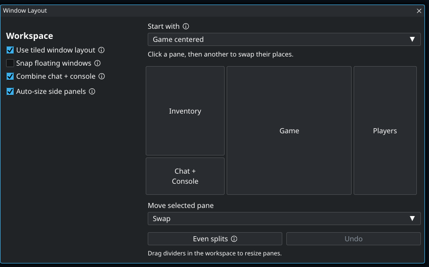 Arrange tiled windows. Highlighted controls: Auto-size side panels.