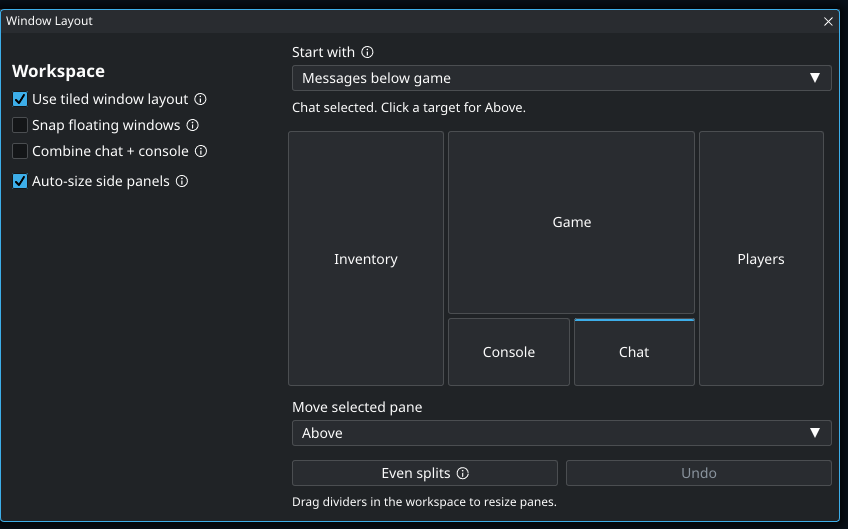 Separate message panes. Highlighted controls: Move selected pane.