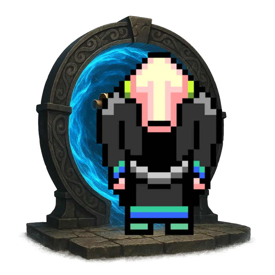 A pixel Clan Lord character standing before a glowing blue portal